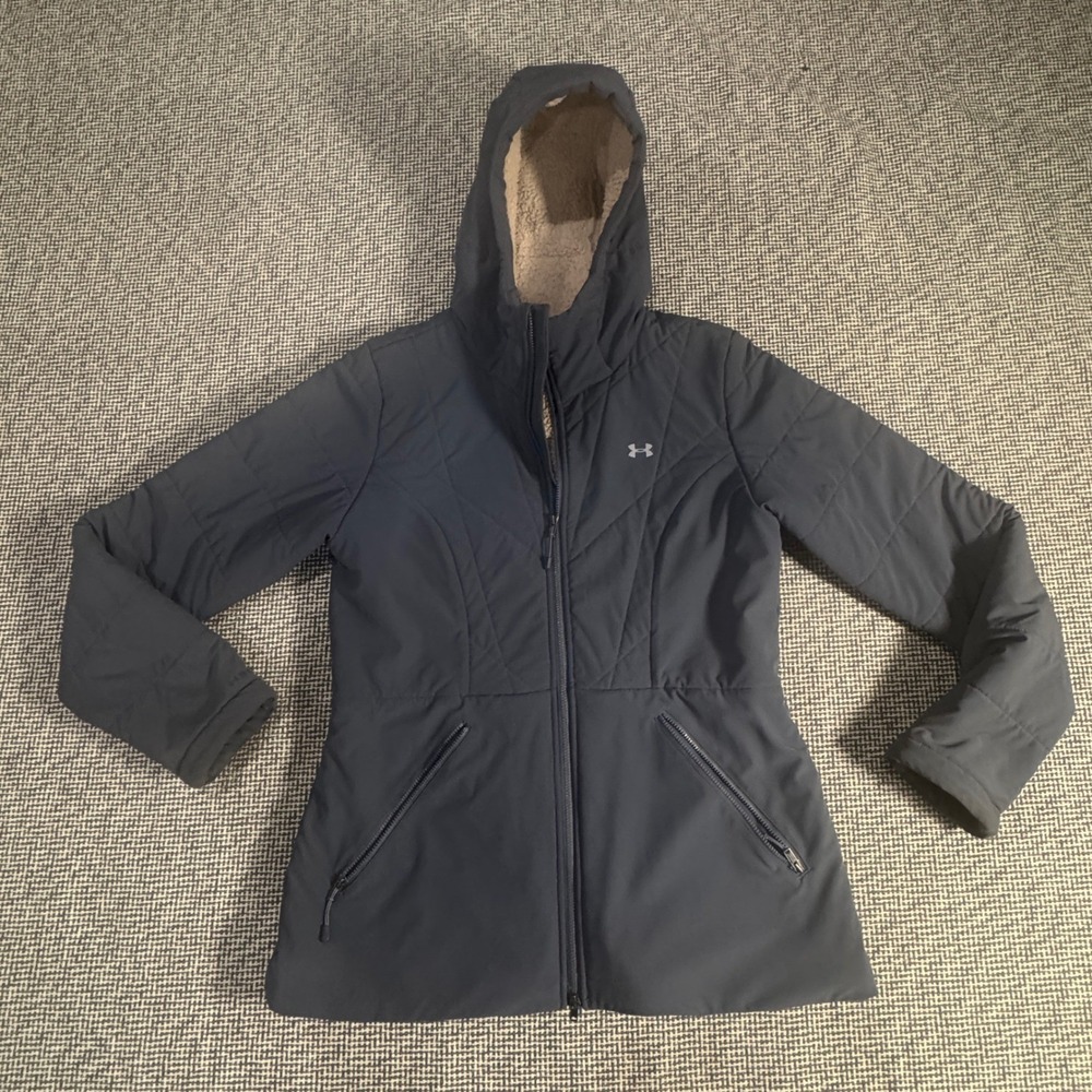 Under Armour Womens ColdGear Navy Blue Sherpa Lined Hooded Puffer Jacket Medium